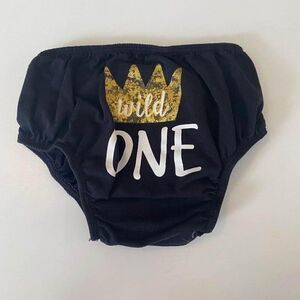 Wild One diaper cover for first birthday; black and gold, costume